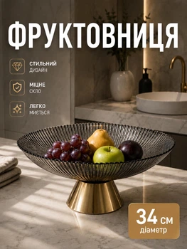 Фруктівниця скляна на металевій ніжці тарілка для фруктів кругла 34 см блюдо для сервірування Сірий з золотом
