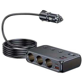 Автомобільний зарядний пристрій від прикурювача з 3 розетками, 3 USB, USB Type-C, вольтметр