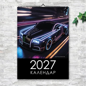 Настінний перекидний календар на 2027 рік «Легендарні авто в неоні» 13 аркушів ENTERSTORE 42х29.7 см (ART 250151)