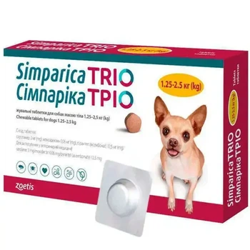 Симпарика Трио (Simparica Trio) для собак 1,25–2,5 кг, жевательные таблетки от блох, клещей и глистов, 3 шт., Zoetis