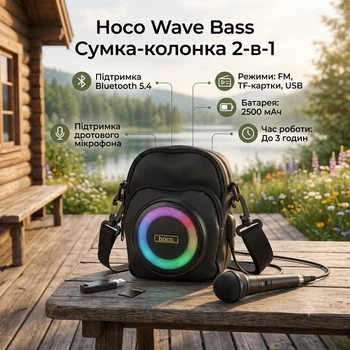 Сумка кросс-боди со встроенной колонкой hoco. HC41 Wave Bass 2-в-1 поддержка Bluetooth 5.4, FM, TF, USB режимов и проводного микрофона , батарея 2500 мАч, что обеспечивает до 3 часов работы Black