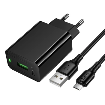 Зарядное устройство Hoco CS92A, USB 18W с поддержкой Quick Charge 3.0, LED-индикатор, сетевой адаптер с кабелем USB to Micro 1 м Black