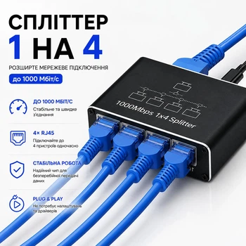 RJ45 Ethernet-розгалужувач 1 на 4 порти на Gigabit 1000 Мбіт/с Stone мережевий адаптер перехідник (ST-RJSP-1x4)