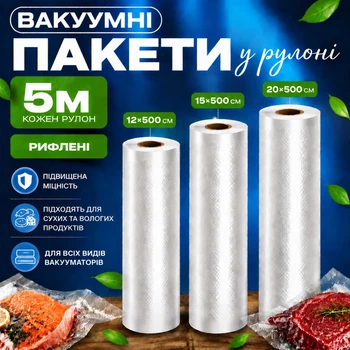 Комплект вакуумных пакетов для вакууматора для продуктов рифленые пищевые плёнки, 3 рулона, 5м, ширина 12/15/20 см 5262027