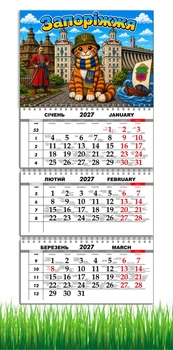 Календарь настенный квартальный на 2027 год на три пружины, Apriori, Города Украины , Запорожье , Котик , 29,7х61см
