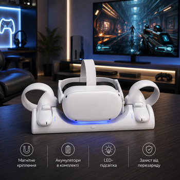 Магнитная зарядная станция Q006 для контроллеров Meta Quest 2 (Oculus Quest 2), LED-подсветка, аккумуляторы в комплекте