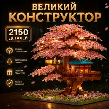 Великий конструктор Будинок на дереві бузкової сакури з LED підсвіткою 2150 деталей Сакура, інтер'єрний конструктор-нічник Рожевий
