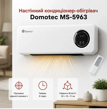 Настінний кондиціонер тепловентилятор 2в1 з пультом MS-5963 Кондиціонер тепло холод 20 м² Тепловентилятор настінний 2000 Вт