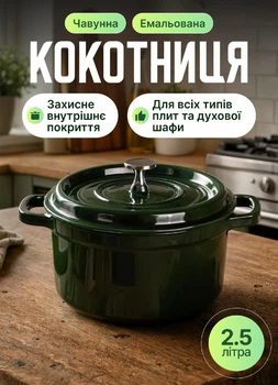 Кокотниця каструля чавунна емальована 2.5 л жаровня гусятниця для гасіння та запікання 5 мм товщина для всіх видів плит Зелений