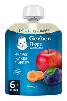 Пюре Gerber фруктово-овощного Яблоко, слива и морковь с 6 месяцев 90 г (7613036345903)