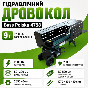 Дровокол гідравлічний Bass Polska - 9 т 2600 Вт Електро-колун для дров Горизонтальний дровокол електричний