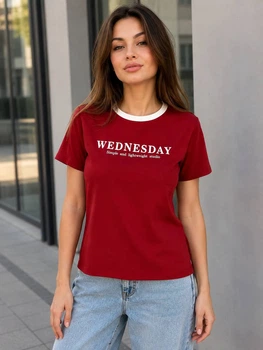 Футболка жіноча A-NIUSHOW 989 базова бавовняна з написом Wednesday one size червона