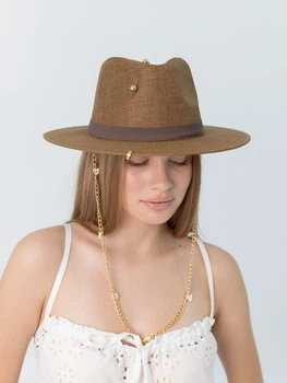 Шляпа федора с золотистой цепью с сердцами D.Hats Коричневая