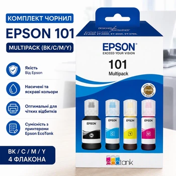 Чернила Epson 101 Multipack (C13T03V64A) премиум комплект набор для заправки струйных принтеров картриджей контейнер бутылки 4 цвета EcoTank экономичные долговечные моделей L4150 L4160 L6160 L6170 L6190 водорастворимые принтера картриджа