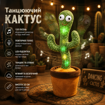 Танцюючий Кактус Dancing Cactus інтерактивна музична іграшка з LED-підсвіткою, повторює голос, співає 120 пісень, 32 см