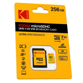 Карта пам’яті Kodak microSDHC 256GB UHS-I U3 V30 A1 Class 10 до 100MB/s + SD адаптер для телефону, камери, дрона
