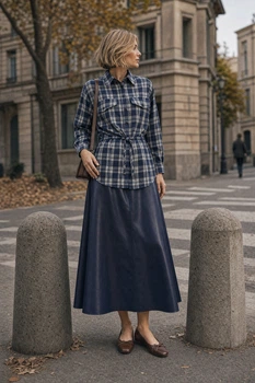 Сорочка жіноча кашемірова в клітинку з поясом Seventeen PreFall 26 темно-синя S-M 2495.6893