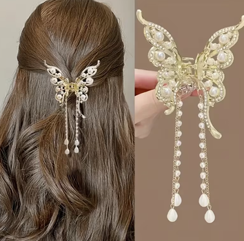 Крабик для волос с кисточками и жемчужинами в форме бабочки Butterfly Pearl