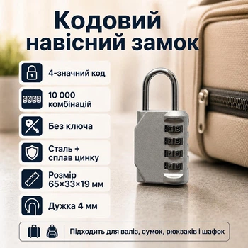 Кодовий навісний замок із 4-значним кодом, сталь і сплав цинку, дужка 4 мм, Хром