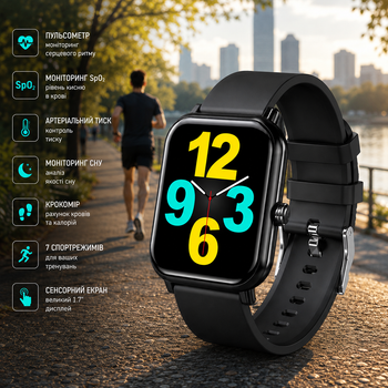 Смарт-часы 1.7" Bluetooth, пульс, SpO2, давление, сон, шагомер, 7 спортрежимов, сенсорный экран