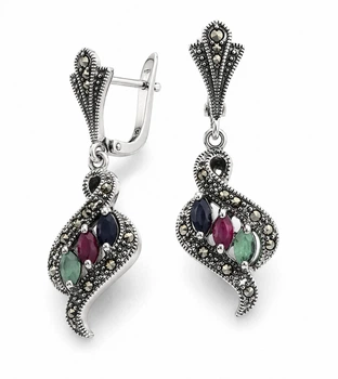 Серьги из серебра с изумрудом, рубином, сапфиром и капельным серебром (1102358/28)