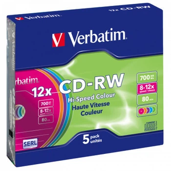 Диск CD Verbatim CD-RW 700Mb 12X SlimBox 5шт Color