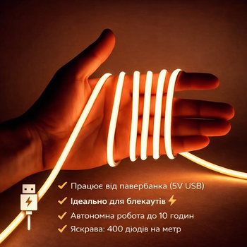 USB LED стрічка HeartPower LightLine 2.5 м з вимикачем | Працює від павербанка | Світло при відключенні