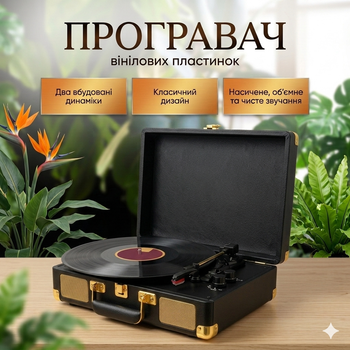 Програвач вінілу вінілових пластинок ретро аудіосистема з Bluetooth колонкою грамофон вініловий бездротовий Black Gold