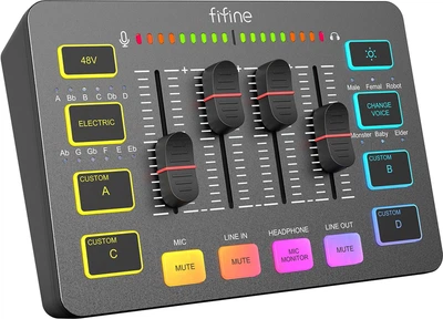 Микшерный пульт Fifine SC3 для стриминга записи звука с фантомным питанием 48V и RGB подсветкой Черный с поддержкой профессионального мониторинга и интуитивным управлением для профессиональных подкастов и гейминга