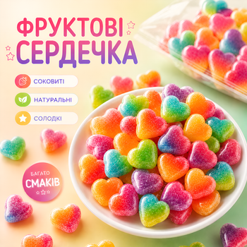 Фруктові льодяники - яскраві цукерки з насиченим фруктовим смаком у формі серця | 100 г.