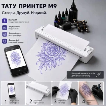Бездротовий акумуляторний тату принтер M9 Bluetooth USB | Трансферний термопринтер A4 для тату ескізів | Білий + 5 аркушів білого термо-паперу