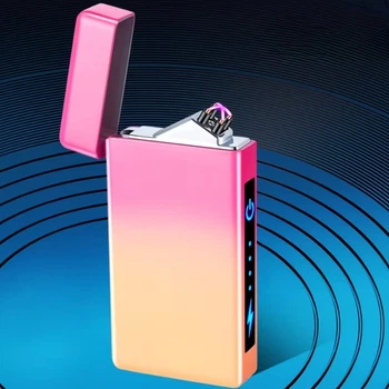 Електронна імпульсна USB-запальничка з подвійною дугою — Акумуляторна плазмова вітрозахисна запальничка з LED-індикатором заряду, металева (Рожево-жовтий градієнт)