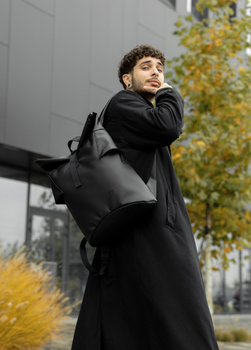 Городской водоотталкивающий городской рюкзак-ролтоп Sambag RollTop из экокожи Черный