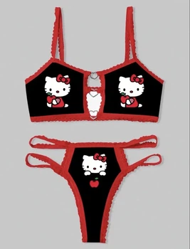 Комплект женского белья Хелоу Кити Топ и трусики Hello Kitty Lingerie Set Аниме Санрио Y2K тренд (черно-красный) L