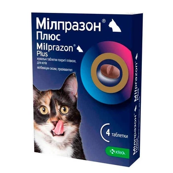 Антигельминтный препарат Милпразон ПЛЮС таблетки для котов 16мг/40мг (1 блистер 4 таб)