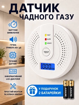Датчик угарного газа CO детектор сигнализатор газоанализатор контроля утечек автономный беспроводной настенный электрохимический с LCD цифровым дисплеем высокочувствительный со звуковой и световой сигнализацией для дома квартиры гаража на батарейках