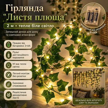 Гірлянда Листя плюща декоративна світлодіодна 2 м з пультом ДК тепле біле світло штучна лоза для інтер’єру