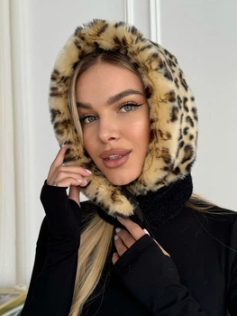 Женский капор Mink Leo меховой леопардовый черный