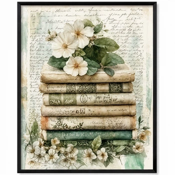 Постер «Vintage Botanical Library» «Книги и цветы» бежевый 30×40 см
