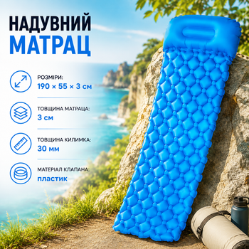 Надувной матрас со встроенной подушкой Туристический коврик TPU Кемпинговый каремат Портативное спальное место для походов 190 × 55 × 3 см синее