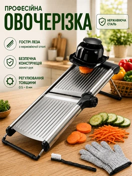 Овочерізка мандоліна ручна слайсер для нарізки овочів та фруктів фрі різання професійна регульована терка з нержавіючої сталі мультислайсер з регульованим лезом та ковзною ручкою 5 вбудованих лез комплект перчатки та щітка (EL-3651)