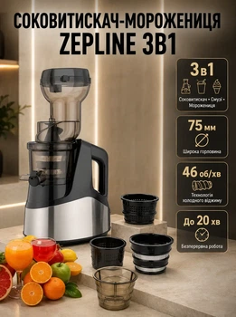 Соковыжималка Zepline шнековый соковыжиматель электрический 3в1 мороженица бытовая холодного отжима для фруктов овощей смузи сорбетов домашнего мороженого 3000 Вт 46 об мин реверс горловина 75 мм нержавеющая сталь