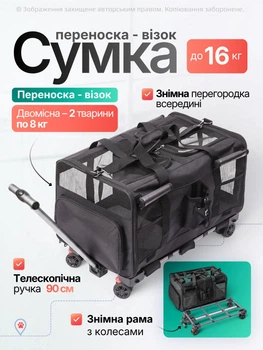 Сумка переноска для кота кішки собаки домашніх тварин двомісна сумка з віконцем і висувною ручкою на колесиках колесах котячі сумки для переноски перенесення котів кішок маленьких собак чорна (002273)