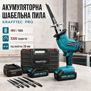 Аккумуляторная сабельная пила Krafftec PRO 48V 6Ah, ножовка по дереву и металлу, 2 АКБ, 3300 ход/мин