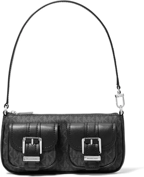 Женская маленькая сумка багет Michael Kors Zoe черная с монограмним лого