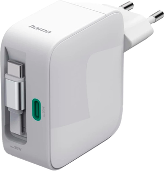 Зарядний пристрій Hama 00201956 2xUSB-C 30W GaN PD 3.0 Retractable Білий (00201956)