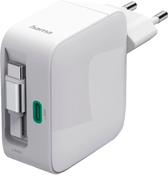 Ładowarka Hama 00201957 2xUSB-C 65W GaN PD 3.0 Retractable Biały (00201957)