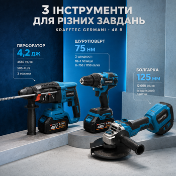 Комплект электроинструментов аккумуляторный 3в1 дрель шуруповерт перфоратор УШМ болгарка 48 В 8 А·ч 4.2 Дж 75 Нм диск 125 мм для дома мастерской