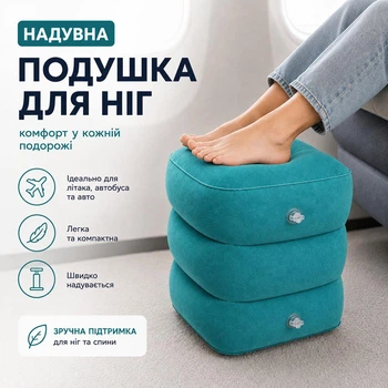 Надувная опора для ног 3-уровневая Бирюзовая, Подушка подставка для путешествий, дороги и отдыха