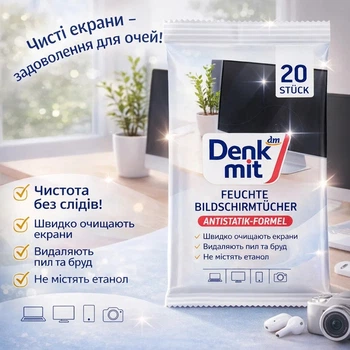 Влажные салфетки для чистки экранов и очков Denkmit 2 0 шт антистатические